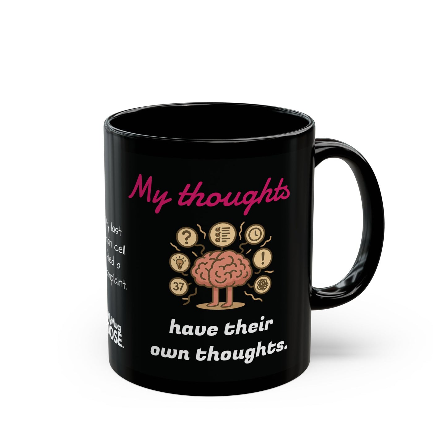 "My thoughts have their own thoughts” Black Ceramic Mug (11oz & 15oz)