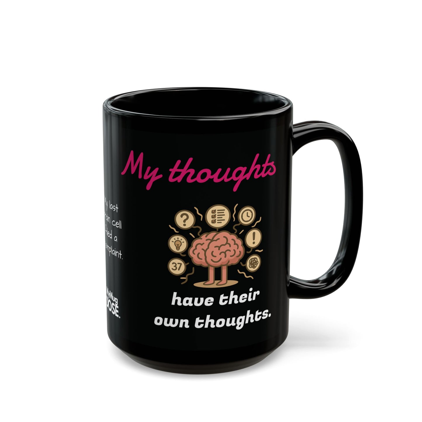 "My thoughts have their own thoughts” Black Ceramic Mug (11oz & 15oz)